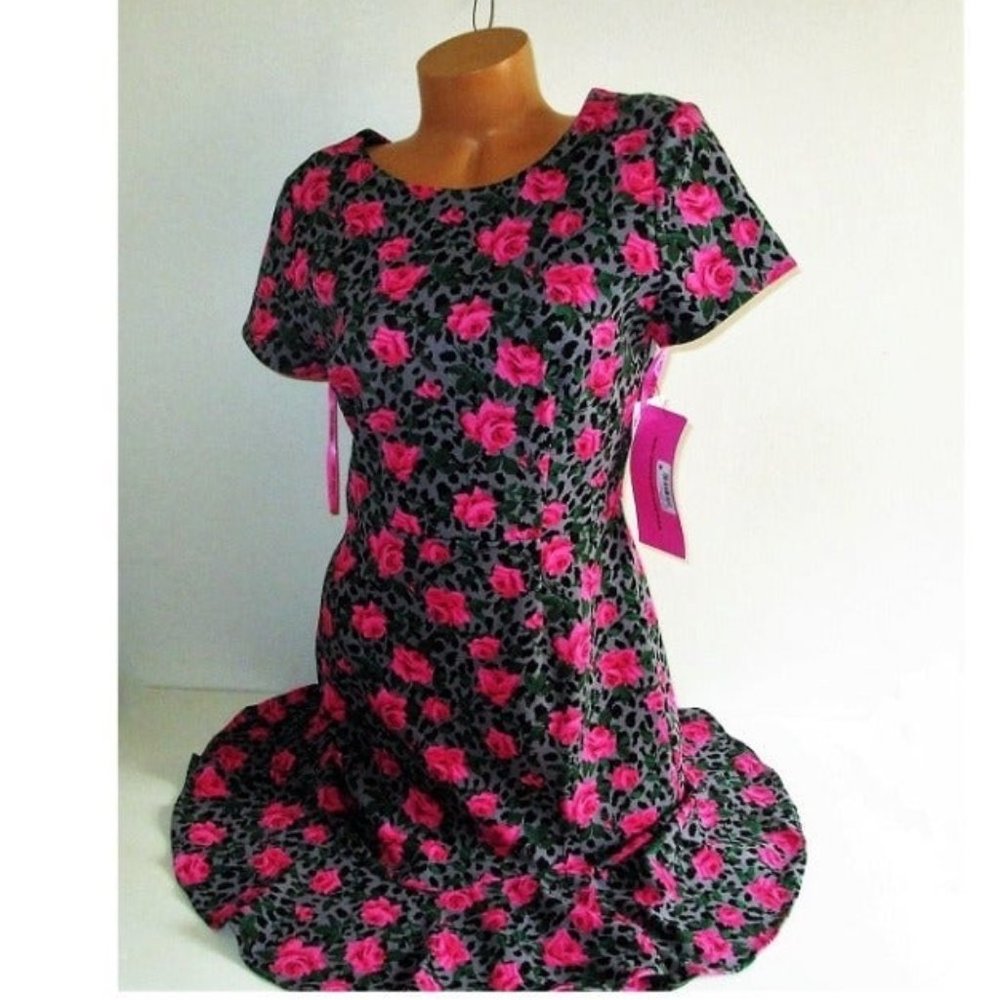 Betsey Johnson Stretchy Crepe Dress Size 12 Rose Leopard Print Ruffle Hem $98